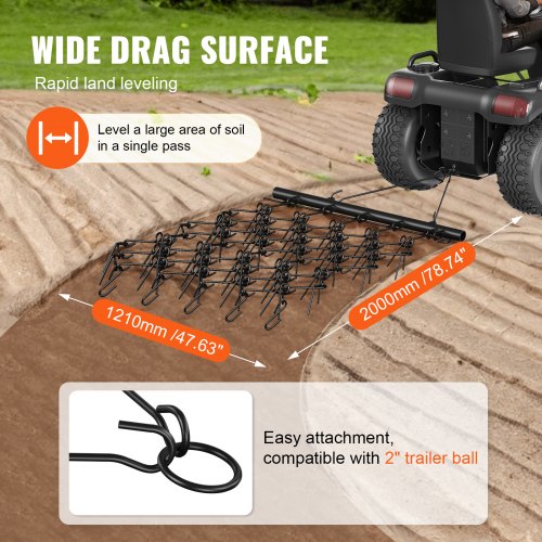 VEVOR Traktor Wiesenegge 2000 x 1210 mm Wiesenschleppe aus 4 mm dickem Q235-Stahl Feldegge mit 69x 10 cm langen Zinken Egge 100 mm Durchmesser der Anhängerkupplung Stahlkettenegge Rasenschleppe