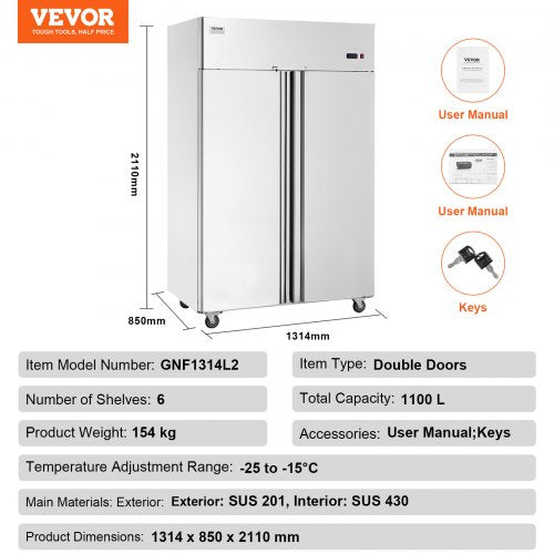 VEVOR Gewerbe-Gefrierschrank 1100 L, Gefrierschrank mit 2 Türen, Edelstahl-Gefrierschrank mit automatischer Abtauung, 6 verstellbaren Ablagen, Temperaturregelung von -25 bis -15 °C und 4 Rädern