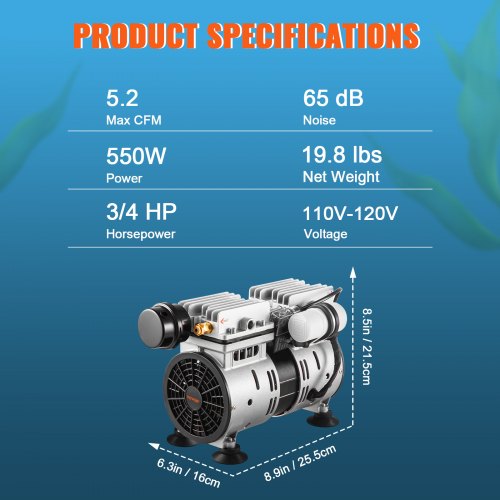 VEVOR Teichbelüfter, 550 W Leistung, 5,2 CFM für bis zu 3 Acre 15 m See, Teichbelüftungsset inkl. Kompressor &amp; Timer &amp; Ventile, Luftkompressor für Sauerstoffzirkulation in tiefem Wasser für Teich See