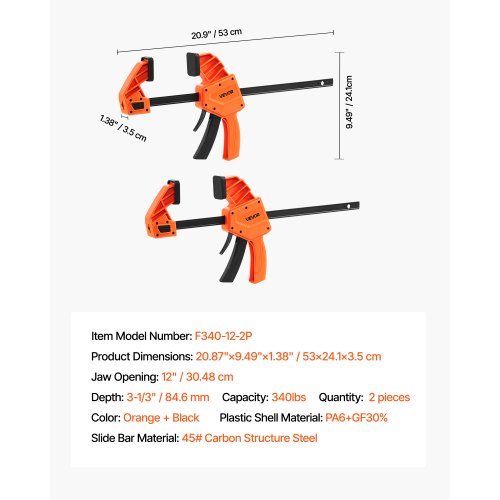 VEVOR 2 x Stangenklemmen für Holzbearbeitung 30,48cm Karbonstahl Einhandklemme