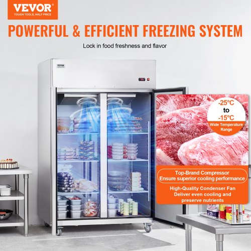 VEVOR Gewerbe-Gefrierschrank 1100 L, Gefrierschrank mit 2 Türen, Edelstahl-Gefrierschrank mit automatischer Abtauung, 6 verstellbaren Ablagen, Temperaturregelung von -25 bis -15 °C und 4 Rädern