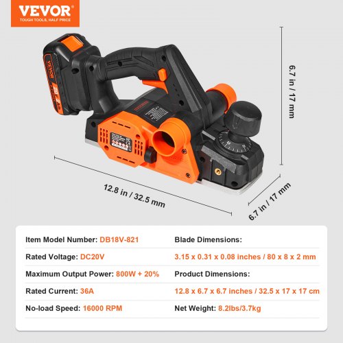 VEVOR Akku-Hobel 20V 800W Handhobel 82mm Breite Hobelmaschine 2mm Hobeltiefe Elektrohobel 16000U/min Einhandhobel mit HSS-Klingen und doppeltem Staubauslasssystem Hobekl Handhobelmaschine