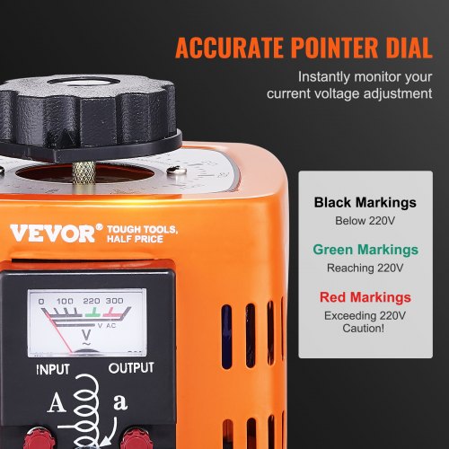 VEVOR Automatischer variabler Stelltransformator 500 VA, 1,7 A, Eingang 230 V, Ausgang 0-300 V, AC-Spannungsregler 4 Sicherungen, thermischer Steuerschalter für Haus, Büro