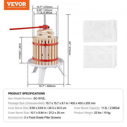 VEVOR Obstpresse Saftpresse Beerenpresse 12 L, Fruchtpresse 25 x 25 cm Zelkova-Holz Manuelle Obstpresse, Apfelpresse Weinpresse Maischepresse Saftpresse Entsafter Obstmühle mit Filtertüten