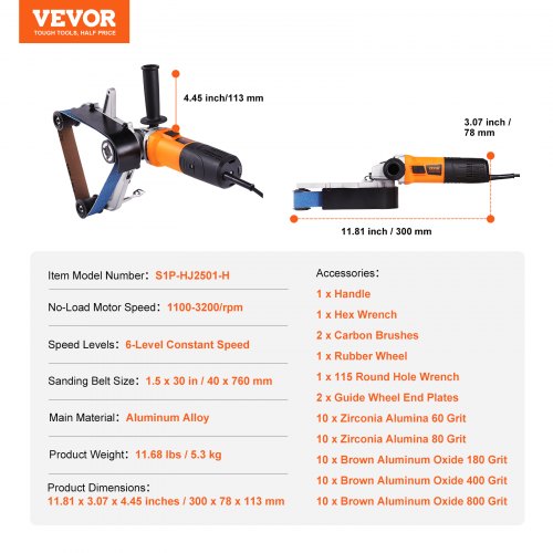 VEVOR Rohrpolierer, Schleifgerät, 1300 W, 6 variable Geschwindigkeiten mit 50 Schleifbändern