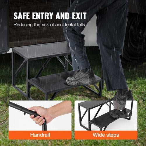 VEVOR Wohnmobil-Stufen, 2-stufige Wohnmobil-Treppe, 200 kg Tragkraft, Verdickter Kohlenstoffstahl, mit Handlauf, rutschfeste Stufen für sicheres Ein- und Aussteigen, geeignet für Wohnmobil, Anhänger