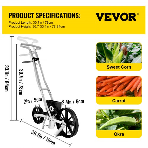 VEVOR Sämaschine Aluminium+ABS Handsämaschine 6xSaatplatten einreihige Drillmaschine 78-84cm Höhenverstellbar Dippelmaschine 6cm Vorderrad 5cm Hinterrad ideal für Samen wie Mais Lauch Spinat Karotten