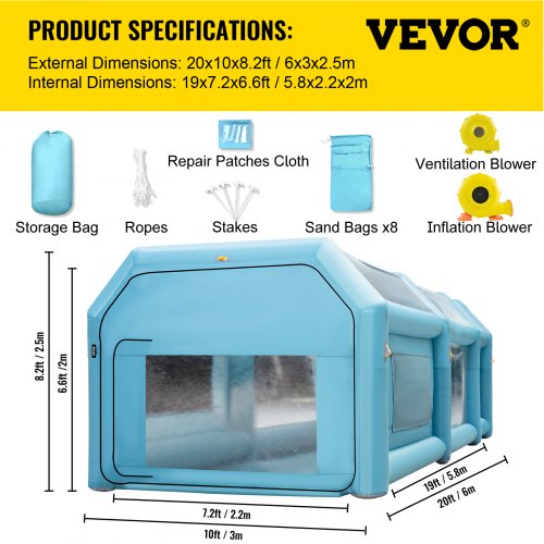 VEVOR Aufblasbare Sprühkabine Zelt 6x3x2,5m Aufblasbare Lackierkabine Zelt 210D Oxford-Gewebe PVC Autozelt mit 2 abnehmbaren Türen Gebläse inkl. Ideal für Autolackierung und Reparatur von Motorrädern