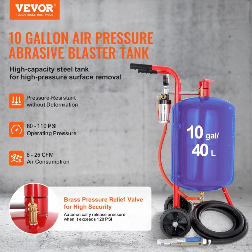 VEVOR Sandstrahlen, 40 L Sandstrahlmaschine, 60-125 PSI Mobiler Sandstrahler mit Zubehör, 2,4 mm, 2,7 mm, 3,2 mm, 3,6 mm Keramikdüsen Sandstrahlerrohr, 2,5 m Schlauchlänge Siphon-Schleifeinheiten