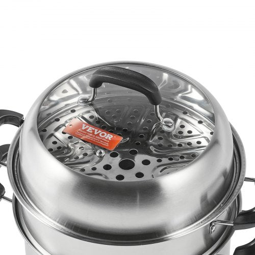 VEVOR 28cm Dampfgarer Topf Edelstahl mit Glasdeckel, 3 Etagen Dampfkocher Dampftopf Induktion Gardampftopf Dampfkochtopf Kochtopf Ideal für Gemüse, Fisch, Suppe, Knödel (inkl. 2 Dampfgarer-Einsätze)