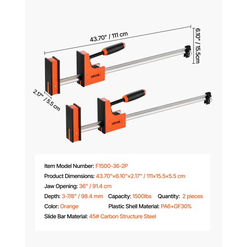 VEVOR 2 x Stangenklemmen für Holzbearbeitung 914mm Parallelklemmen-Set Orange