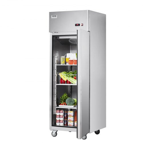 VEVOR Gewerbekühlschrank 570 L, Kühlschrank mit Einzeltür, Edelstahl-Kühlschrank mit automatischer Abtauung, 3 Ablagen, Temperaturregelung von -2 ~ + 8 °C und 4 Rädern