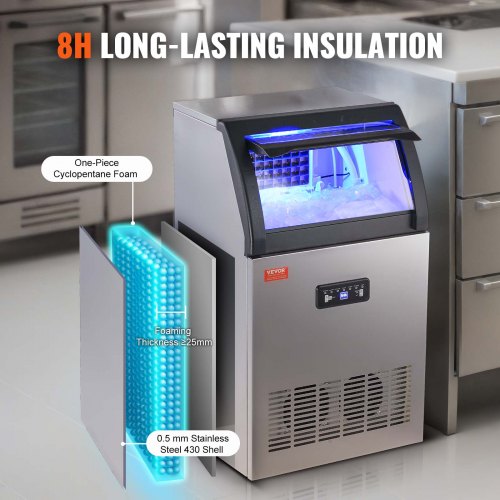 VEVOR Kommerzieller Eiswürfelbereiter Eismaschine 52 kg / 24 h, Leichte Würfeleismaschine 15 kg Eisspeicherkapazität 50 Stk. Eiswürfel, Edelstahl Eiswürfelbereiter inkl. Wasserfilter &amp; Eisschaufel