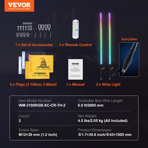 VEVOR 2 Stück Peitschenlicht mit Federbasis, LED-Peitschenlicht mit APP und Fernbedienung, Wasserdichte 360°-Spiral-RGB-Verfolgungslichtpeitsche mit 2 Flaggen, 914,4 mm LED Peitsche Licht UTVs, ATVs