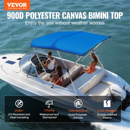 VEVOR 3-Bogen-Bimini-Top-Bootsabdeckung, 1370-1520 mm Einbaubreite 900D-Polyester-Überdachung mit Aluminiumlegierungsrahmen, Wasserdicht  &amp; Sonnenschutz, inkl. Aufbewahrungsbox, 2 Stützstangen Blau
