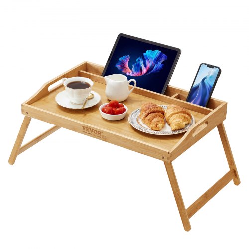 VEVOR Betttablett Tisch mit Faltbaren Beinen &amp; Medienschlitz, Bambus-Frühstückstablett für Sofa, Bett, Essen, Snacken und Arbeiten, Serviertablett für Laptop, Schreibtisch, TV-Tablett