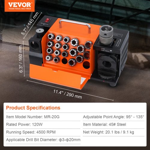 VEVOR Bohrerschleifgerät 120 W Bohrerschleifmaschine 4500 U/min Schärfstation 45# Stahl Bohrerschärfgerät 95-135° Einstellbarer Spitzenwinkel 18 Spannzangen Geeignet für Bohrerdurchmesser φ3–20 mm