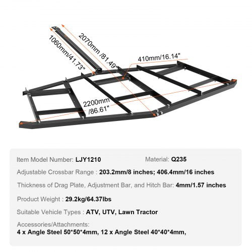 VEVOR Schleppegge 2200 x 2070 x 100 mm Traktor Wiesenegge Wiesenschleppe aus 4 mm dickem Q235-Stahl Feldegge Einstellbarer Querstangenbereich 203,2/406,4 mm Rasenschleppe ATVs, UTVs, Gartentraktoren