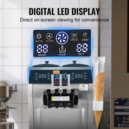 VEVOR Kommerzielle Eismaschine, 34–44 L/h Leistung, 1850 W, Freistehende Softeismaschine mit 3 Geschmacksrichtungen, 2 x 9 L Edelstahlbehälter, LED-Panel Einzelzylindernutzung &amp; Kühlung über Nacht