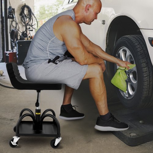 VEVOR Rollbarer Garagenhocker, 135 kg Tragkraft, Höhenverstellbar von 40 bis 52 cm, Mechanikersitz mit 360-Grad-Schwenkrädern und Werkzeugablage, für Werkstatt, Autowerkstatt, Schwarz