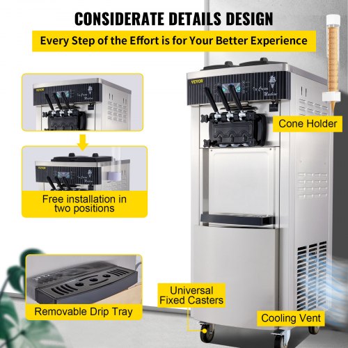 VEVOR Speiseeisbereiter Stehende Kommerzielle Softeismaschine Eismaschine Ice Cream maker 220V Edelstahl Maschine mit Eikegel