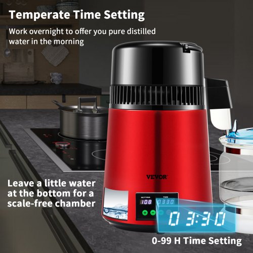 VEVOR Wasser Destillierer 1L / H Haushalt Rotes Wasserdestilliergerät Destilliertes Wasser herstellen 750 W, Doppelter Bildschirm Edelstahl Distilleranlage mit Glaskanne Reinwasser destilieren