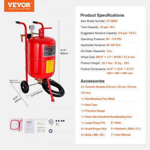 VEVOR Sandstrahlen, 40 L Sandstrahlmaschine, 60-125 PSI Mobiler Sandstrahler mit Zubehör, 2,4 mm, 2,7 mm, 3,2 mm, 3,6 mm Keramikdüsen Sandstrahlerrohr, 2,5 m Schlauchlänge Siphon-Schleifeinheiten
