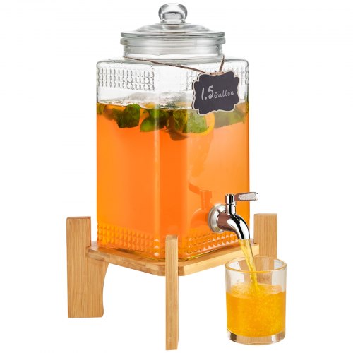 VEVOR Getränkespender, 1,5 Gallonen Getränkespender für Partys, Saftspender aus Glas mit Ständer, Zapfhahn aus Edelstahl, Eistee-Limonadensaft-Wasserspender, für Restaurants, Hotels, Partys