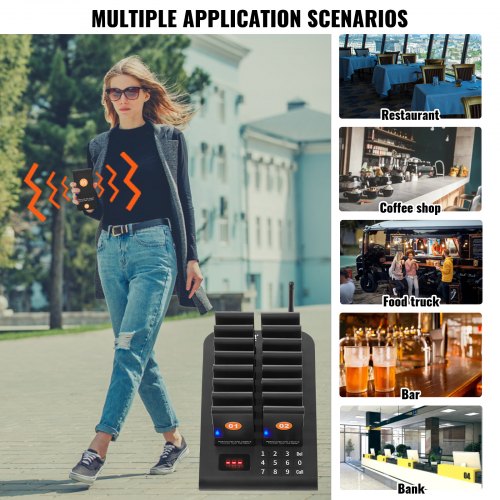 VEVOR Restaurant-Pager-System, kabelloses Warteschlangensignal mit 500 m Reichweite, Piepser zur Rufannahme von Gästen mit Vibration und Blinken, 16 Pager für Imbisswagen, Kirche