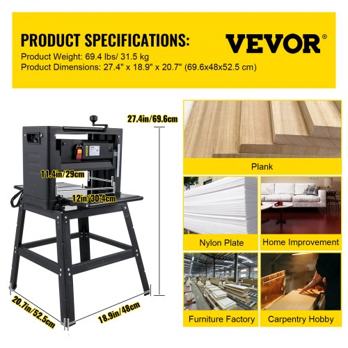 VEVOR Dickenhobelmaschine Max. Hobelbereite 305 mm Abricht und Dickenhobel 0-3 mm Hobelmaschine 2000 W Holzbearbeitung Dickenhobel 6-160 mm Thicknesser mit Ständer 8000 U/min Dickholzhobelmaschine