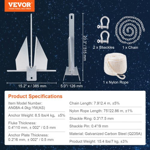 VEVOR Fluke-Ankerset Feuerverzinkter Fluke-Anker 4 kg aus Stahl mit 2,4 m Kette, 22,86 m Seil und zwei 9 mm Schäkeln, Bootsanker für kleine Schiffe unter 5,49 m, Meere, Flüsse und Küsten