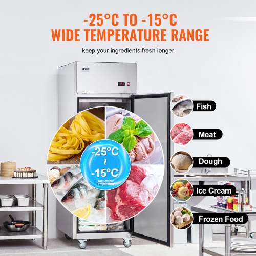 VEVOR Gewerbe-Gefrierschrank 570 L, Gefrierschrank mit Einzeltür, Edelstahl-Gefrierschrank mit automatischer Abtauung, 3 verstellbaren Ablagen, Temperaturregelung von -25 bis -15 ℃ und 4 Rädern