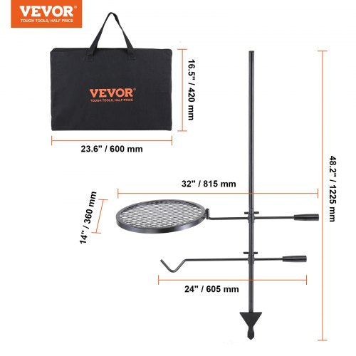 VEVOR Drehspieß Schwenkgrill Stahl 360 x 360 mm, Holzkohlegrill Doppelte Schichten Grillrost Grillgestell 6 kg Belastbarkeit 300 ℃ Freistehend Spießbratengrill BBQ Grill Grillwagen Barbecue Outdoor