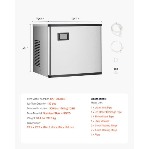 VEVOR Eismaschinenkopf Eiswürfelmaschine Eisbereiter (nur Kopf) 136 kg/Tag