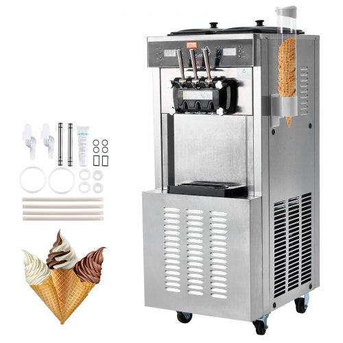 VEVOR Kommerzielle Eismaschine, 34–44 L/h Leistung, 1850 W, Freistehende Softeismaschine mit 3 Geschmacksrichtungen, 2 x 9 L Edelstahlbehälter, LED-Panel Einzelzylindernutzung &amp; Kühlung über Nacht