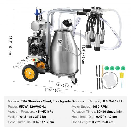 VEVOR Elektrische Kuh Melkmaschine Melkausrüstung 25L 304 Edelstahl