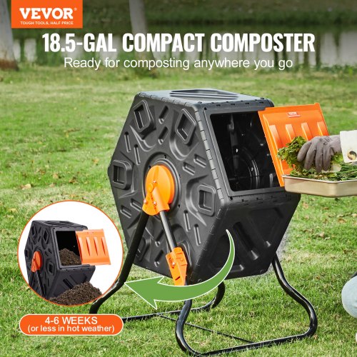 VEVOR Tumbling-Komposterbin Komposter Tumbler 70 L, Trommelkomposter 360° Drehbar Multifunktionaler Tumbling Komposter 605 x 510 x 730 mm, 20 kg Belastbarer Garten Kompostbehälter inkl. Handschuhe