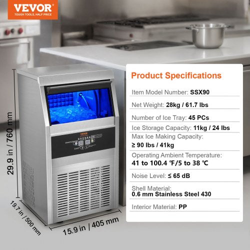 VEVOR Kommerzieller Eiswürfelbereiter Eismaschine 41 kg / 24 h, Leichte Würfeleismaschine 11 kg Eisspeicherkapazität 45 Stk. Eiswürfel, Edelstahl Eiswürfelbereiter inkl. Wasserfilter &amp; Eisschaufel