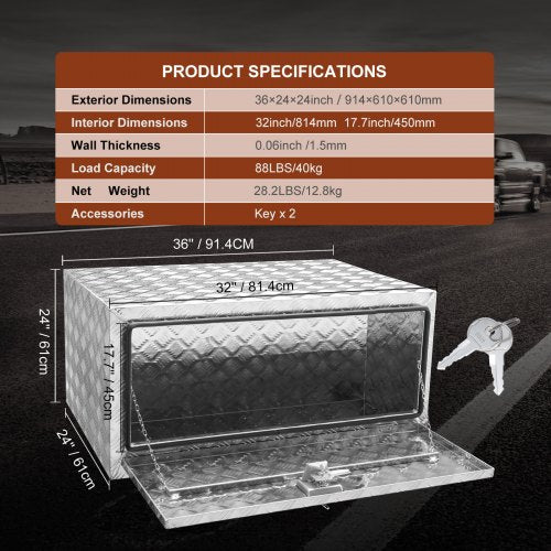 VEVOR Unterboden-LKW-Box, 914 x 610 x 610 mm Pickup-Aufbewahrungsbox, Aluminium-Diamantplatten-Werkzeugbox mit Schloss &amp; Schlüsseln, Wasserdichte Anhänger-Aufbewahrungsbox mit T-Griff-Verriegelung