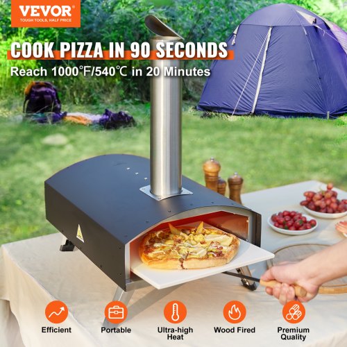 VEVOR Tragbarer Pizzaofen Pizzabackofen Outdoor 304,8 mm Gas Holzpellets Holzkohle Pizzaofen Edelstahl Pizzaofen Max 540 °C Holzpelletsschaufel &amp; Pizzastein