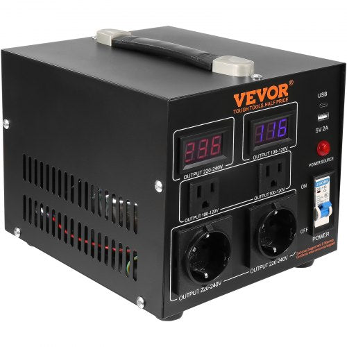 VEVOR 500VA Spannungswandler Transformator AC 110V⇋220V Transformer Wandler 2x US NEMA 5-15R 3-polige/ 2x standardmäßige europäische Shucko-Ausgangssteckdosen, 1x 5V-USB-Anschluss, 1x Typ-C-Buchse
