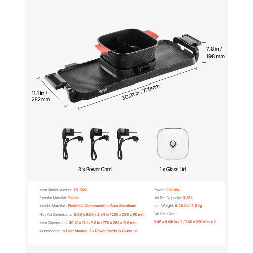 VEVOR Hot Pot mit Grill 2300 W 2 in 1 Elektrischer Rauchfreier Grill mit Abnehmbarem Topf