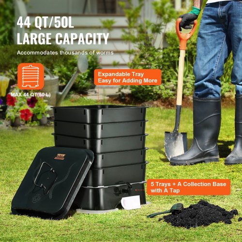 VEVOR Schnellkomposter 18-50L Gartenkomposter 400x400x650mm Thermokomposter HDPE-Kunststoff Kompostierer Inkl. 5 Schalen &amp; ein Auffangbehälter Kompostbehälter Kompostierung Reduzierung des Hausmülls