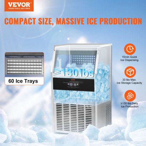 VEVOR Kommerzieller Eiswürfelbereiter Eismaschine 56 kg / 24 h, Leichte Würfeleismaschine 15 kg Eisspeicherkapazität 60 Stk. Eiswürfel, Edelstahl Eiswürfelbereiter inkl. Wasserfilter &amp; Eisschaufel
