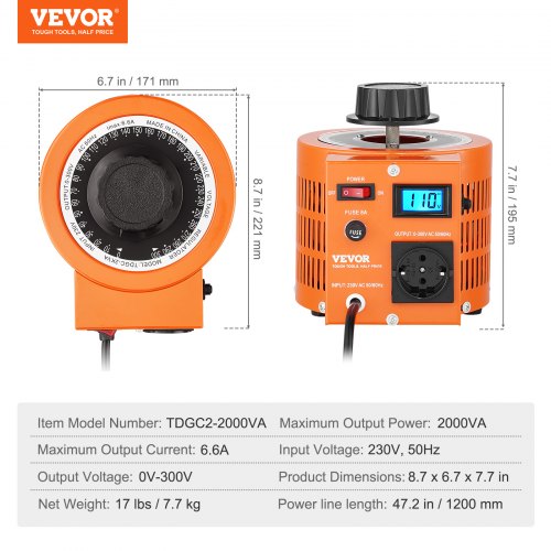 VEVOR 2000VA Stelltransformator mit variabler Spannung, 6,6 Ampere, 230 V Eingang, 0-300 V Ausgang, Wechselspannungsregler, mit LCD-Display, 4 zusätzlichen Sicherungen, für Zuhause, Industrie, Büro