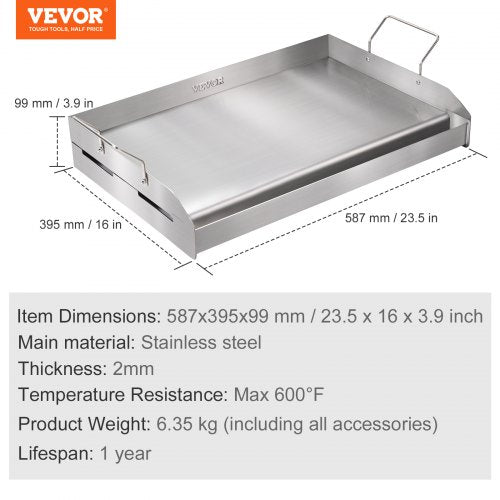 VEVOR Grillplatte 430 Edelstahl 58,7 x 39,5 x 9,9 cm - Universal Grillplatte 2 mm Dicke Verwendbar, Outdoor BBQ Party Grillplatte mit Griff Gasgrill für Gasgrill, Kohlegrill &amp; Elektrogrill Zubehör