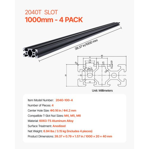VEVOR 4er Set Aluprofil 1000mm Nutenprofil 2040 Aluminium Linear Schiene