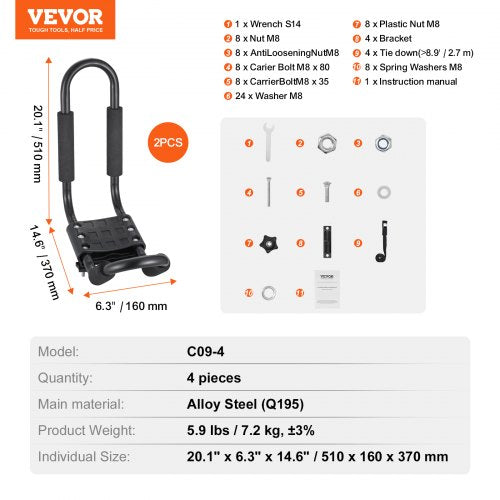 VEVOR Kajak-Dachgepäckträger, 2 Paar J-Bar, Weicher Dachgepäckträger, Befestigung Oben, Träger für Kajak, Surfbrett, Kanu, SUP, Skiboard, Montage an Auto, SUV, Lkw, 2 Kajaks