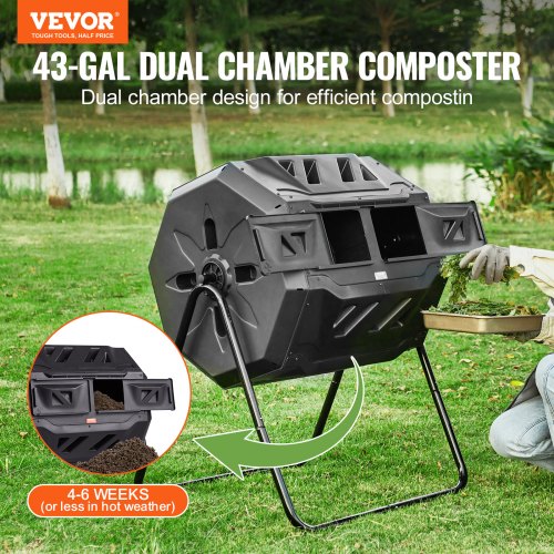 VEVOR Tumbling-Komposterbin Komposter Tumbler 162,7 L, Trommelkomposter Drehbar Doppelraum Tumbling Komposter 735 x 625 x 955 mm, 50 kg Belastbarer Garten Kompostbehälter inkl. Handschuhe