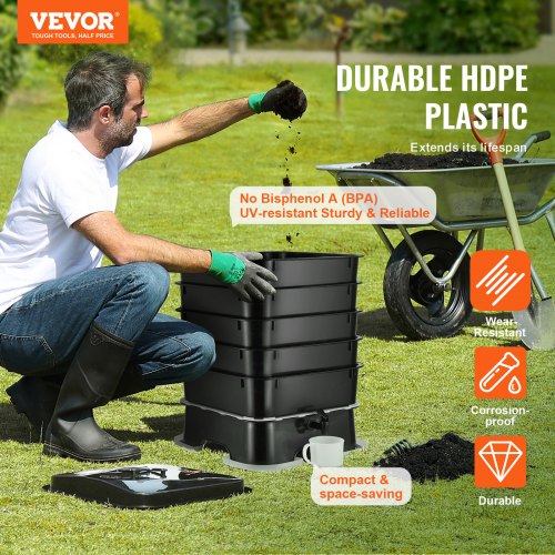 VEVOR Schnellkomposter 18-50L Gartenkomposter 400x400x650mm Thermokomposter HDPE-Kunststoff Kompostierer Inkl. 5 Schalen &amp; ein Auffangbehälter Kompostbehälter Kompostierung Reduzierung des Hausmülls